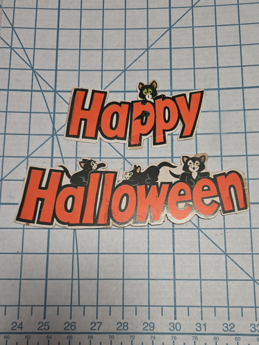Halloween 'Happy Halloween' Orange Die Cutout, Black Cats, Vtg, 2 Pc, One-sided